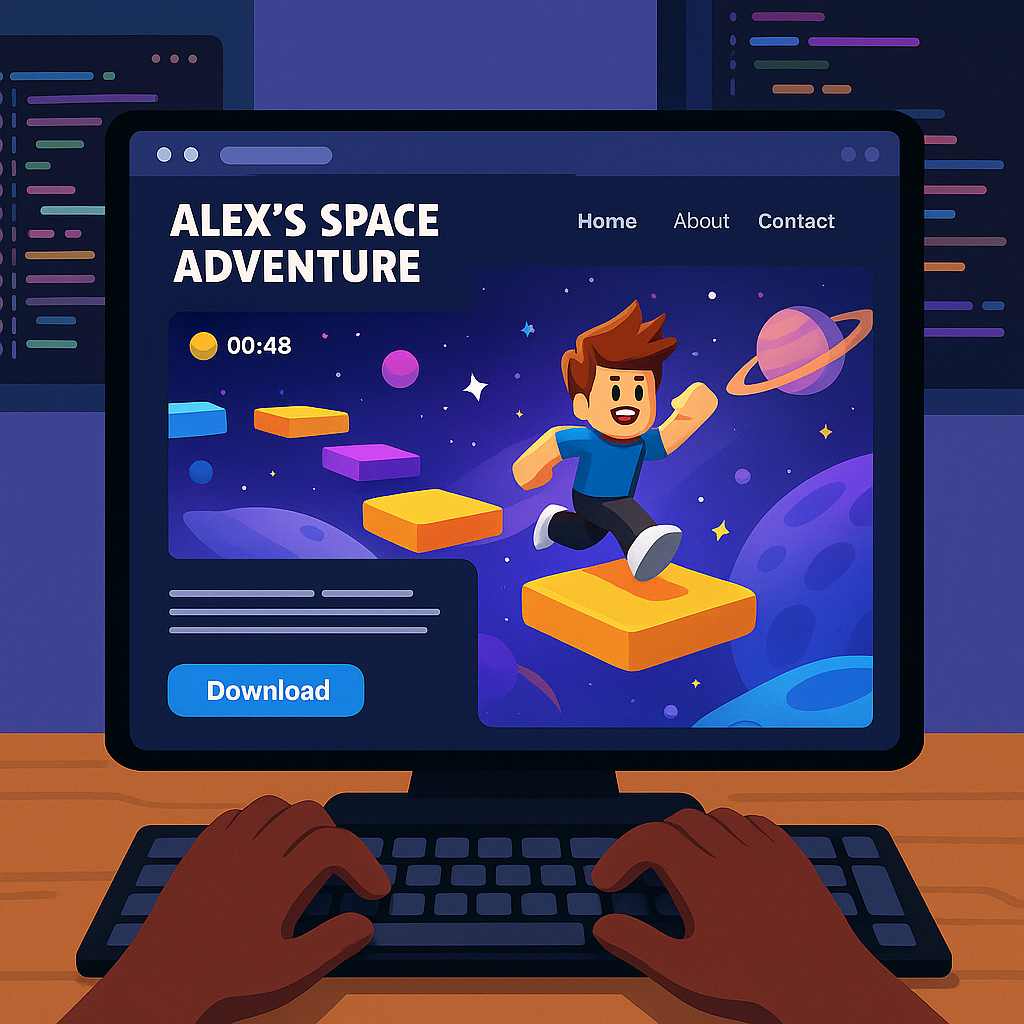 Child coding a website for their game